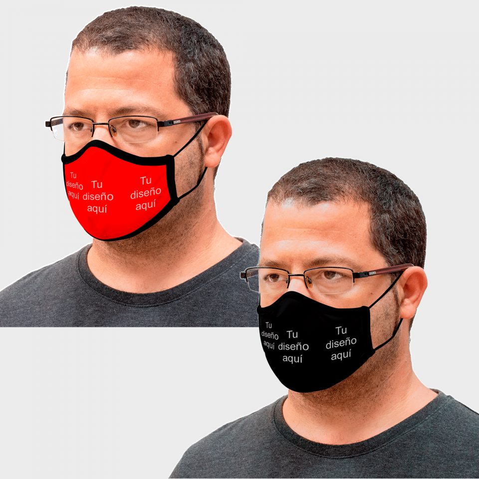 Mascarilla algodón orgánico reversible grande rojo y negra homologada con protección +90% personalizada