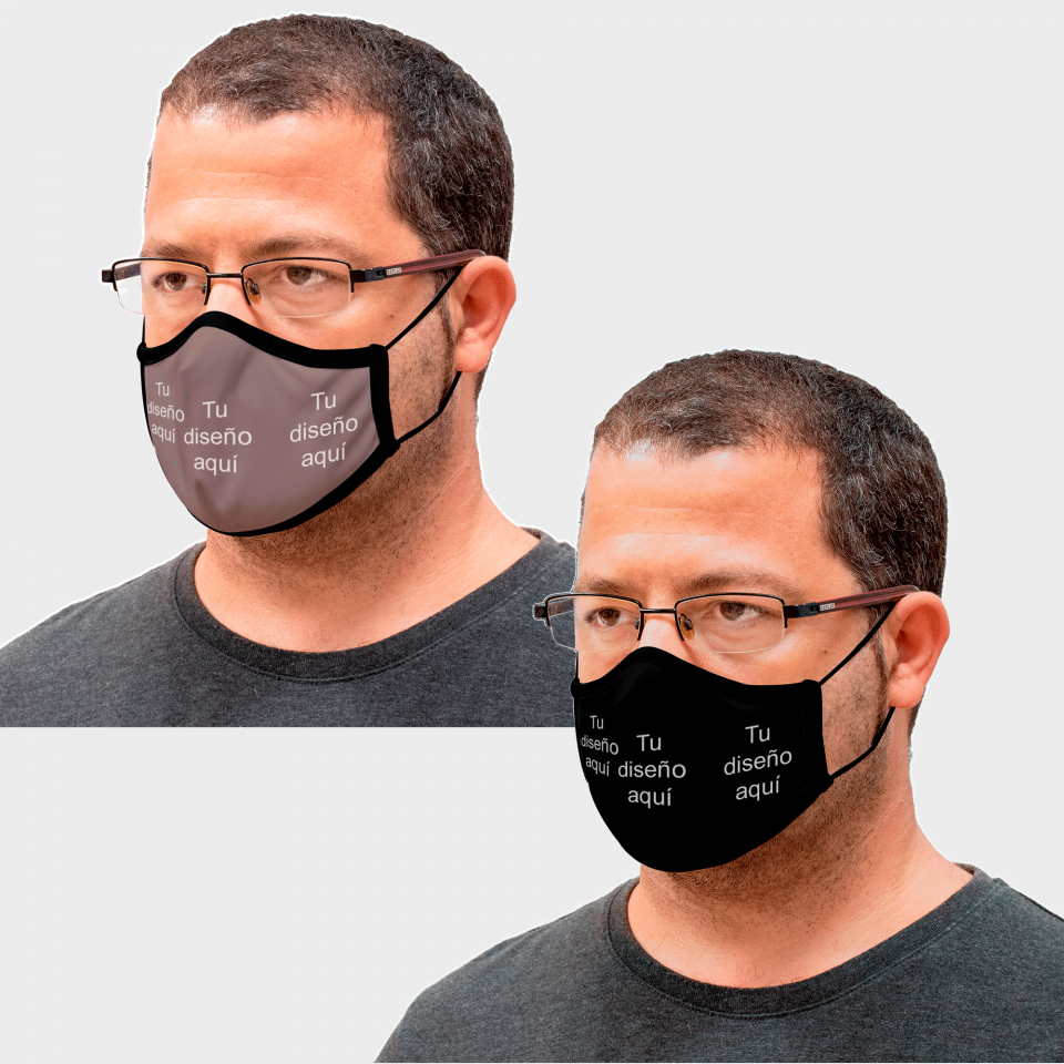 Mascarilla algodón orgánico reversible grande taupe y negra homologada con protección +90% personalizada