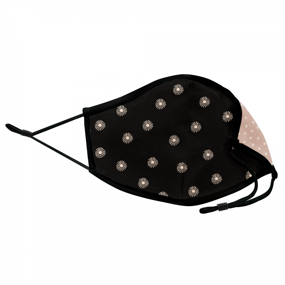 Mascarilla algodón orgánico reversible pequeña full dot pink y sun black homologada con protección +90%