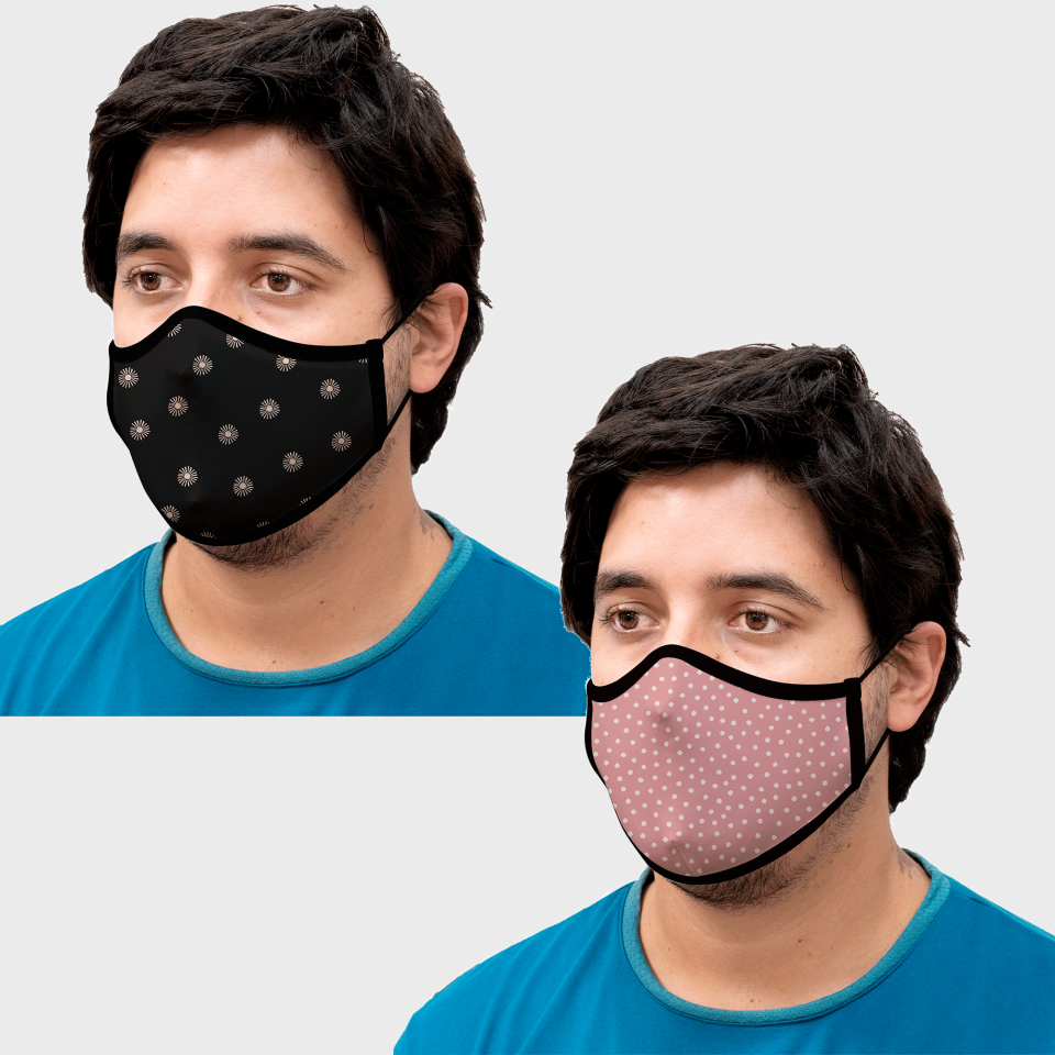 Mascarilla algodón orgánico reversible súper grande full dot pink y sun black homologada con protección +90%