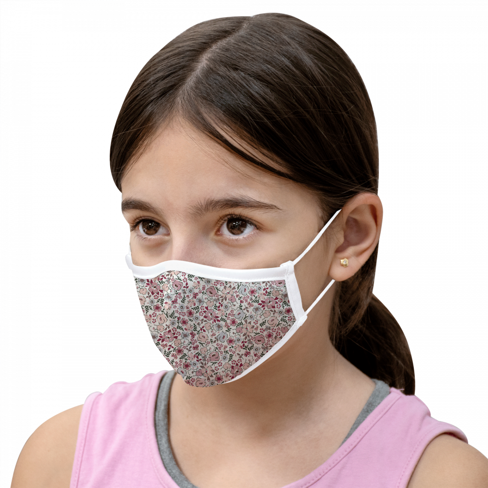 Mascarilla algodón orgánico reversible pequeña full dot dark red y ditsy flower pink homologada con protección +90%