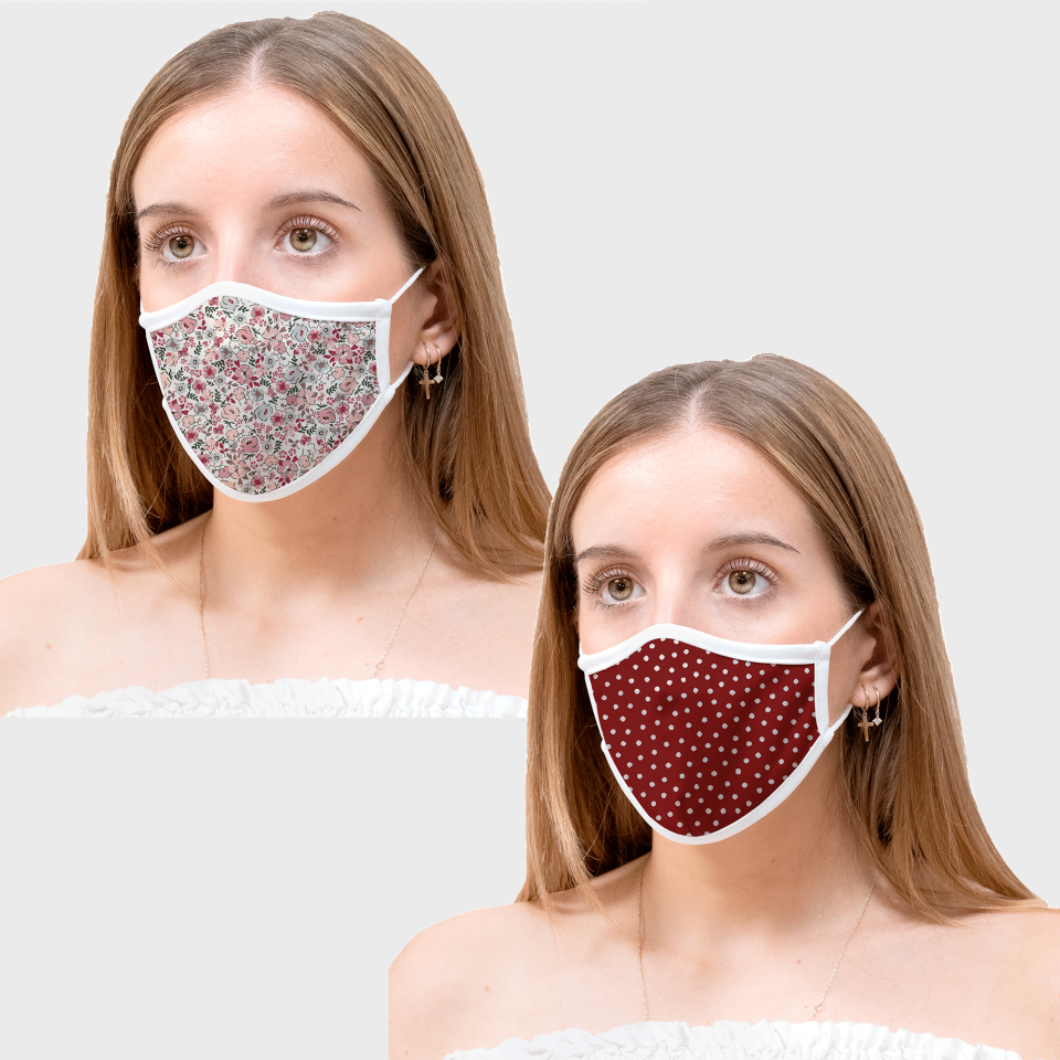 Mascarilla algodón orgánico reversible mediana full dot dark red y ditsy flower pink homologada con protección +90%