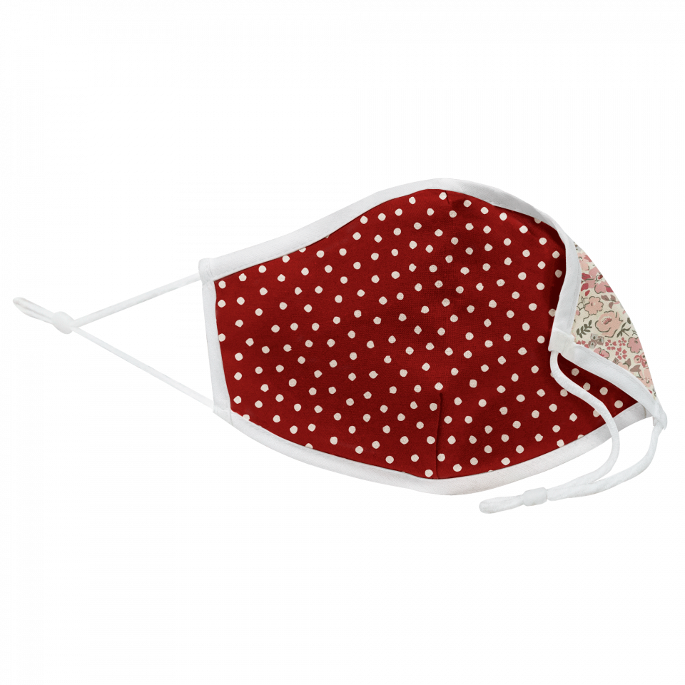 Mascarilla algodón orgánico reversible grande full dot dark red y ditsy flower pink homologada con protección +90%