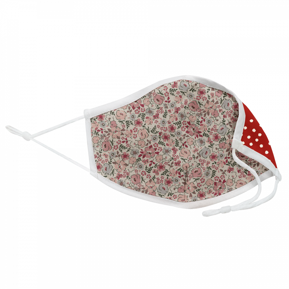Mascarilla algodón orgánico reversible grande full dot dark red y ditsy flower pink homologada con protección +90%
