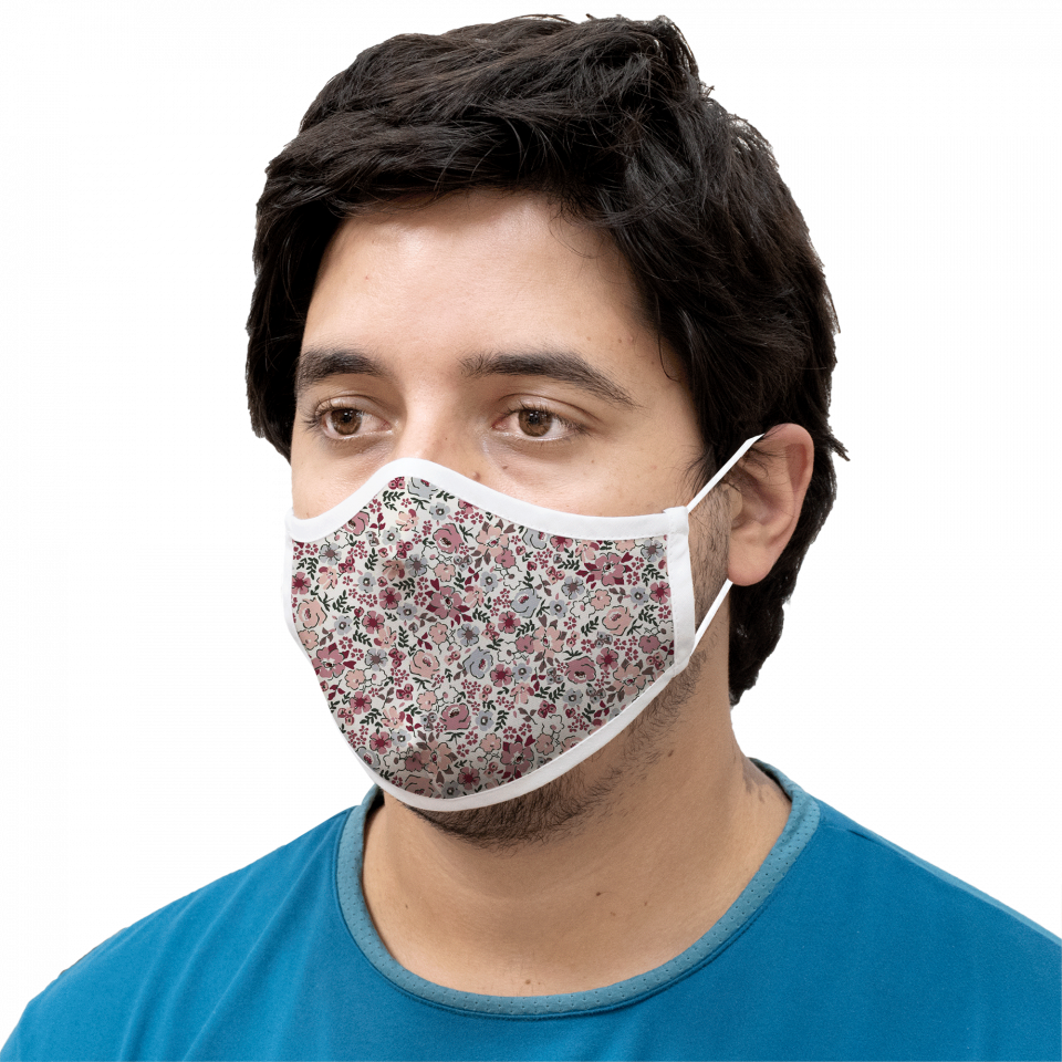 Mascarilla algodón orgánico reversible súper grande full dot dark red y ditsy flower pink homologada con protección +90%
