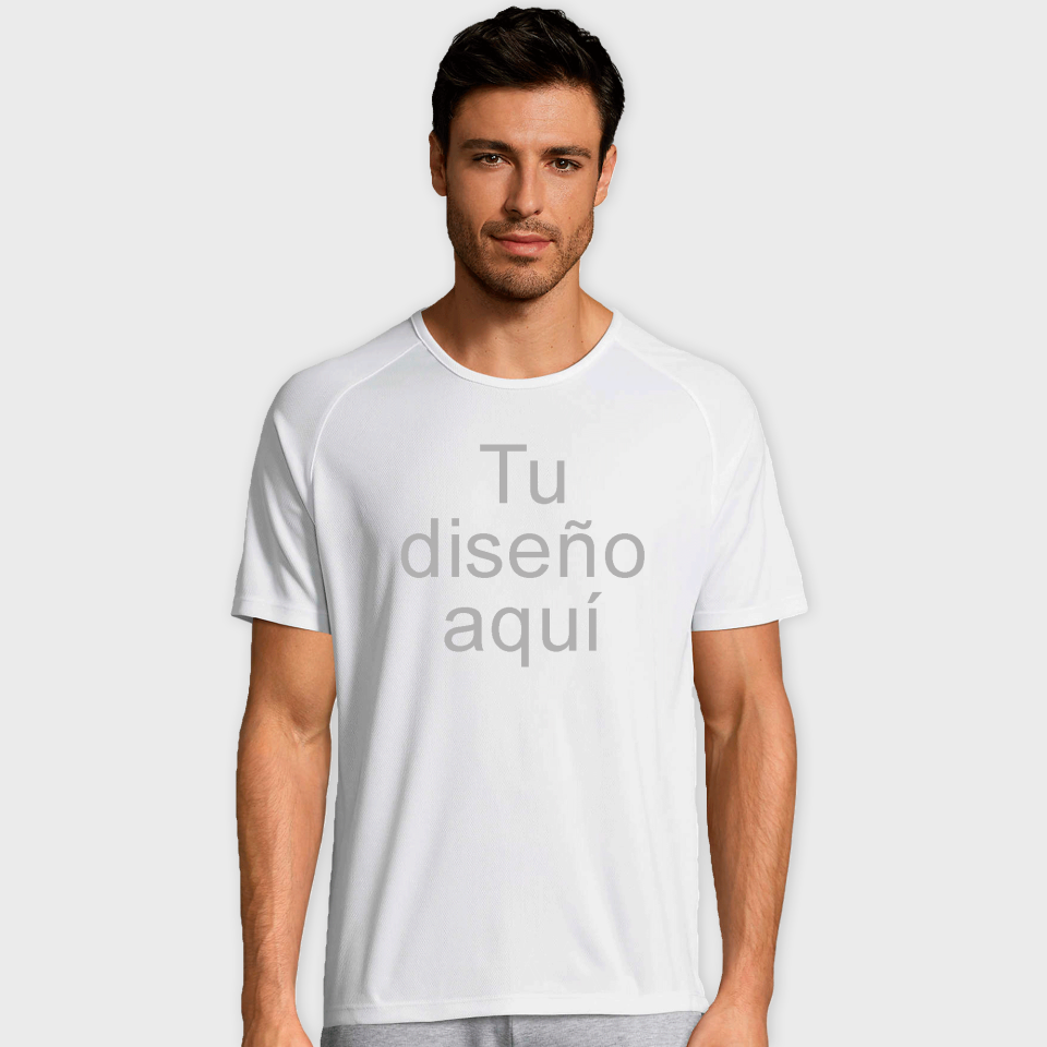 Camiseta técnica con ribeteado en el cuello blanca tallas grandes personalizada