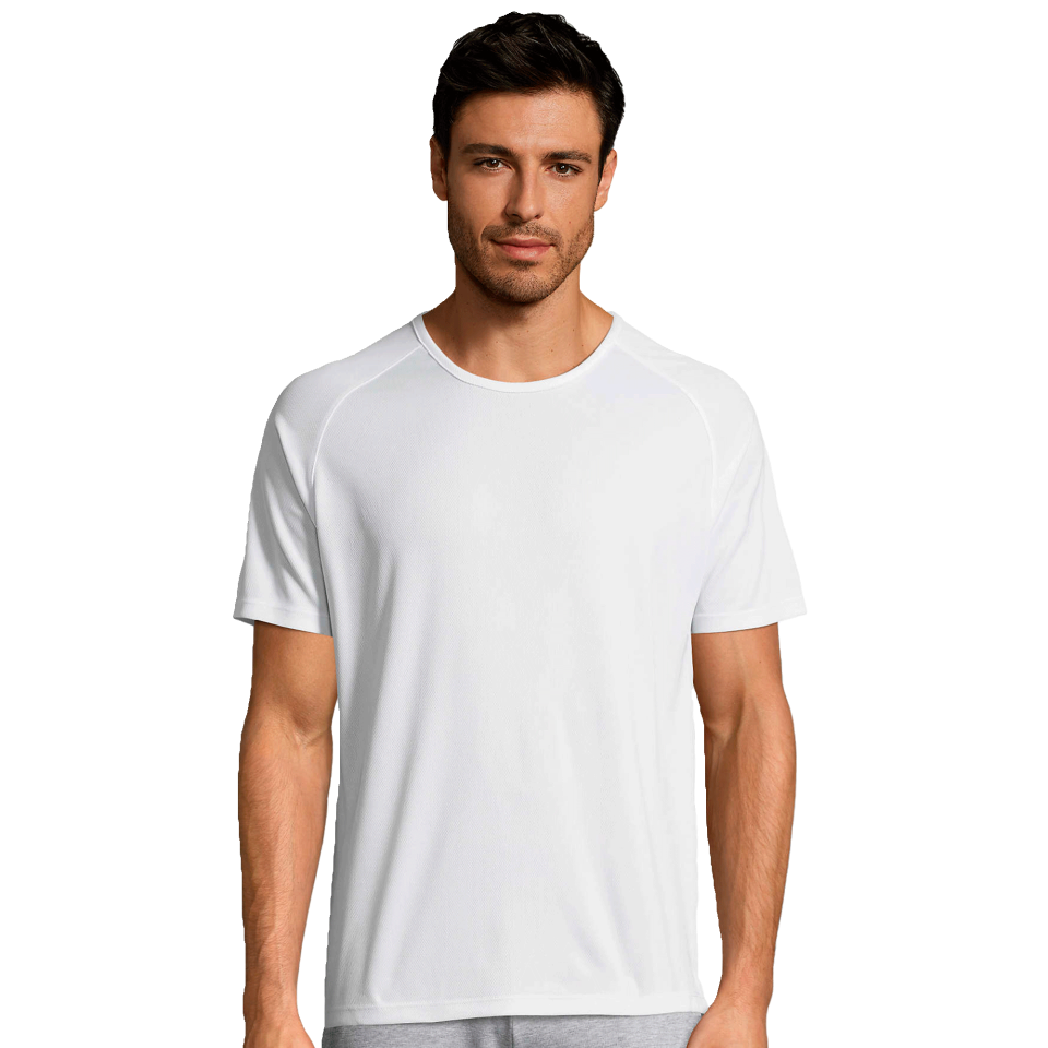 Camiseta técnica con ribeteado en el cuello blanca tallas grandes personalizada