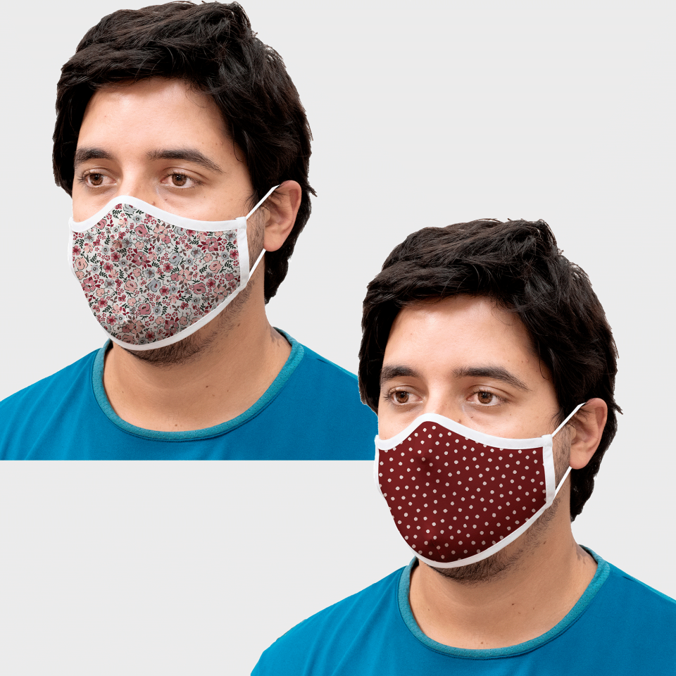 Mascarilla algodón orgánico reversible súper grande full dot dark red y ditsy flower pink homologada con protección +90%