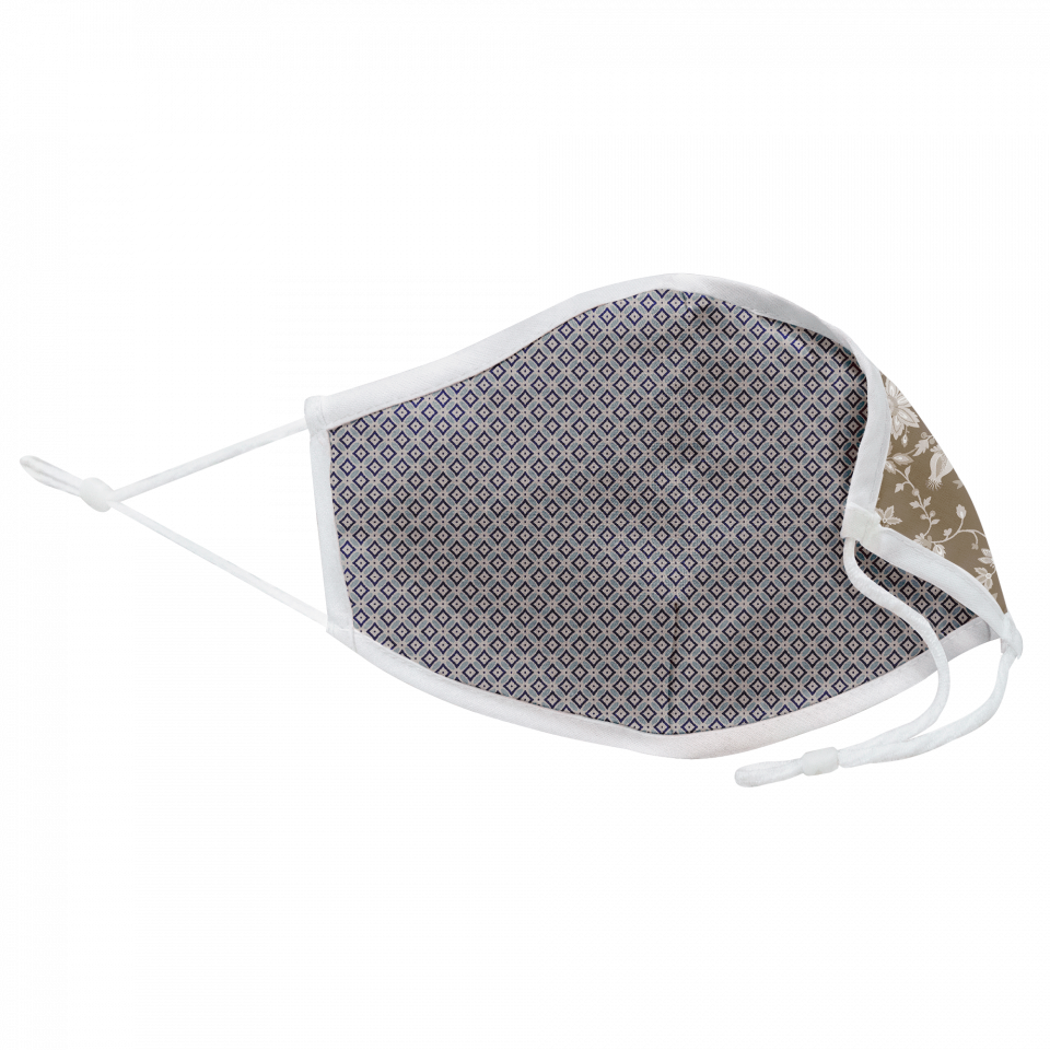 Mascarilla algodón orgánico reversible mediana provençal flower stone  y geo tie blue homologada con protección +90%