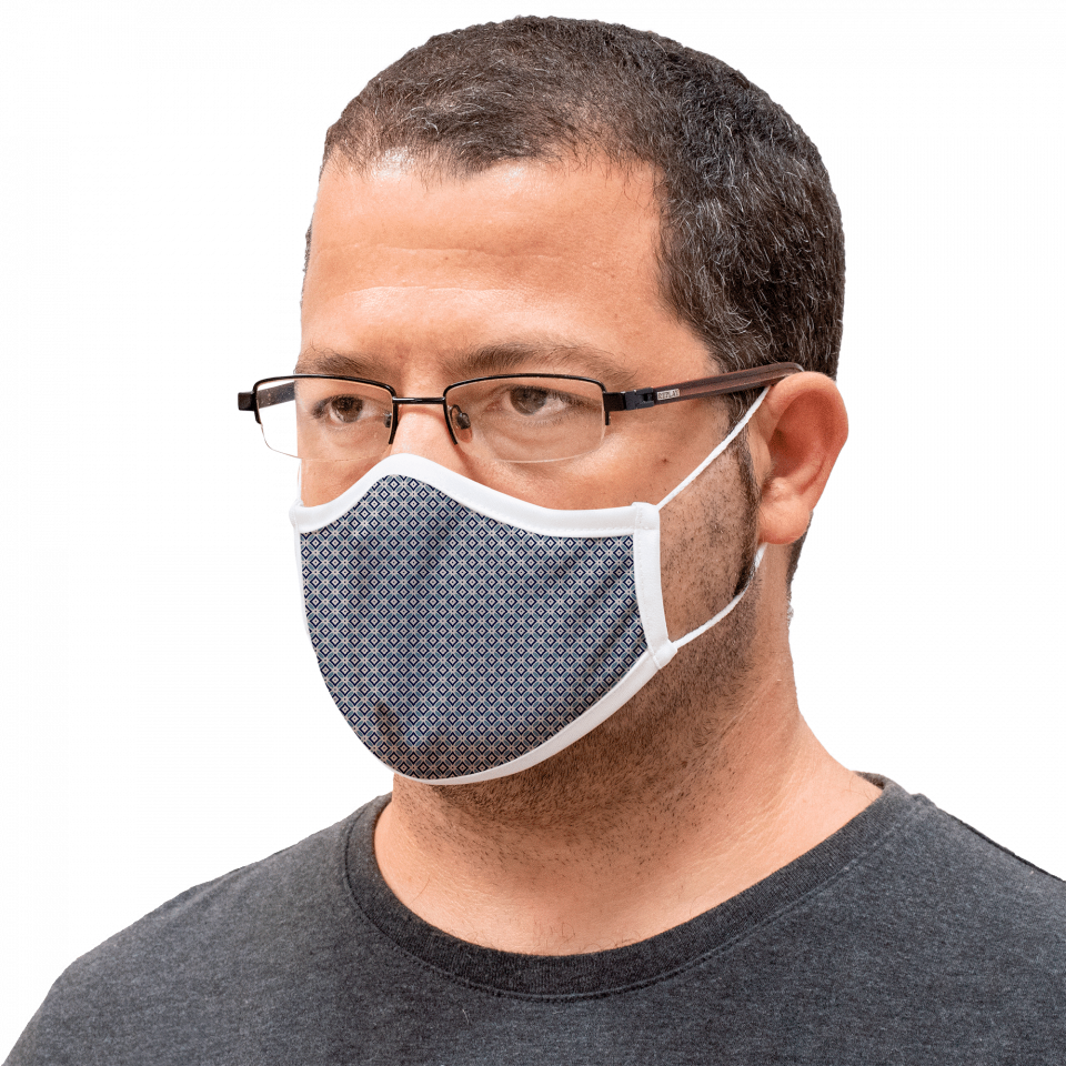 Mascarilla algodón orgánico reversible grande provençal flower stone  y geo tie blue homologada con protección +90%