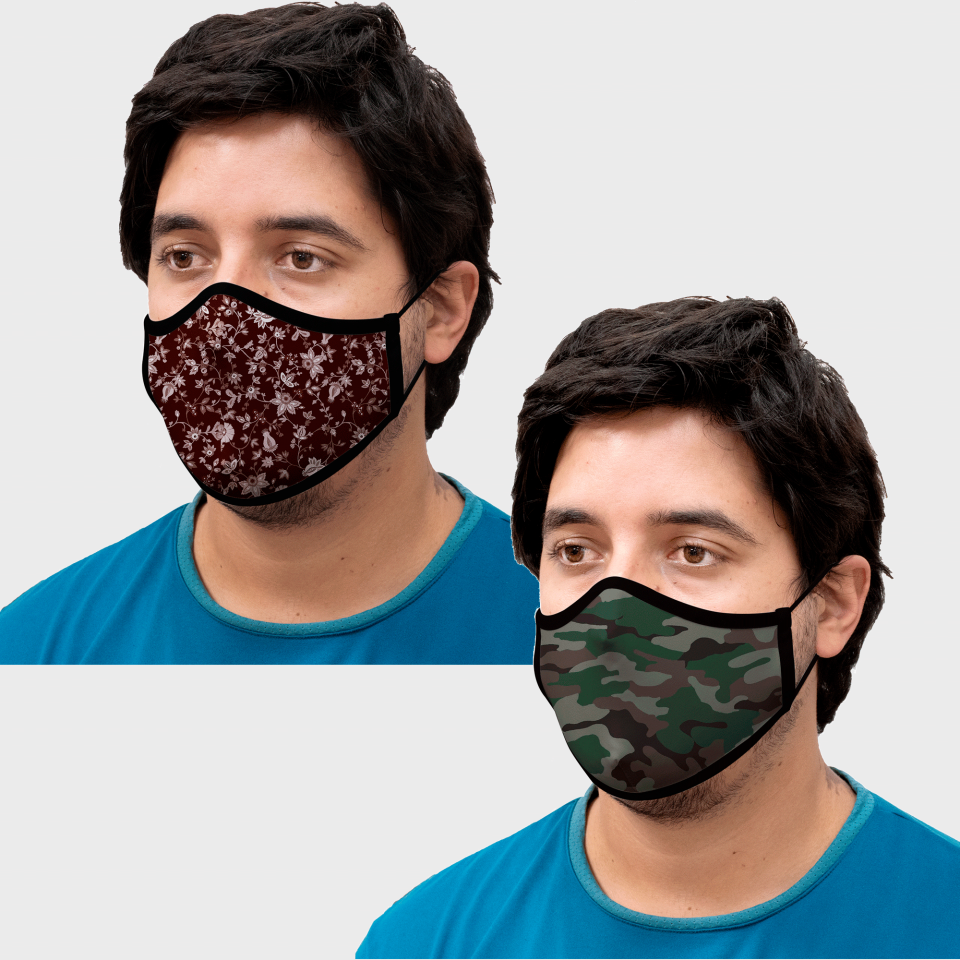 Mascarilla algodón orgánico reversible súper grande flores granate y camuflaje kaki homologada con protección +90%
