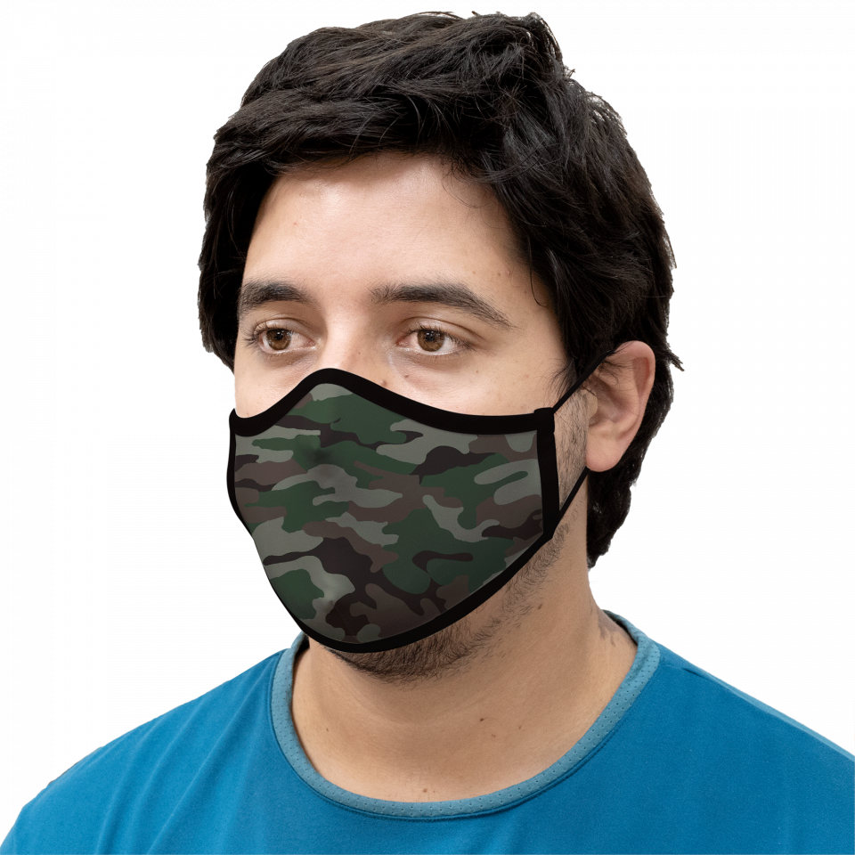 Mascarilla algodón orgánico reversible súper grande flores granate y camuflaje kaki homologada con protección +90%