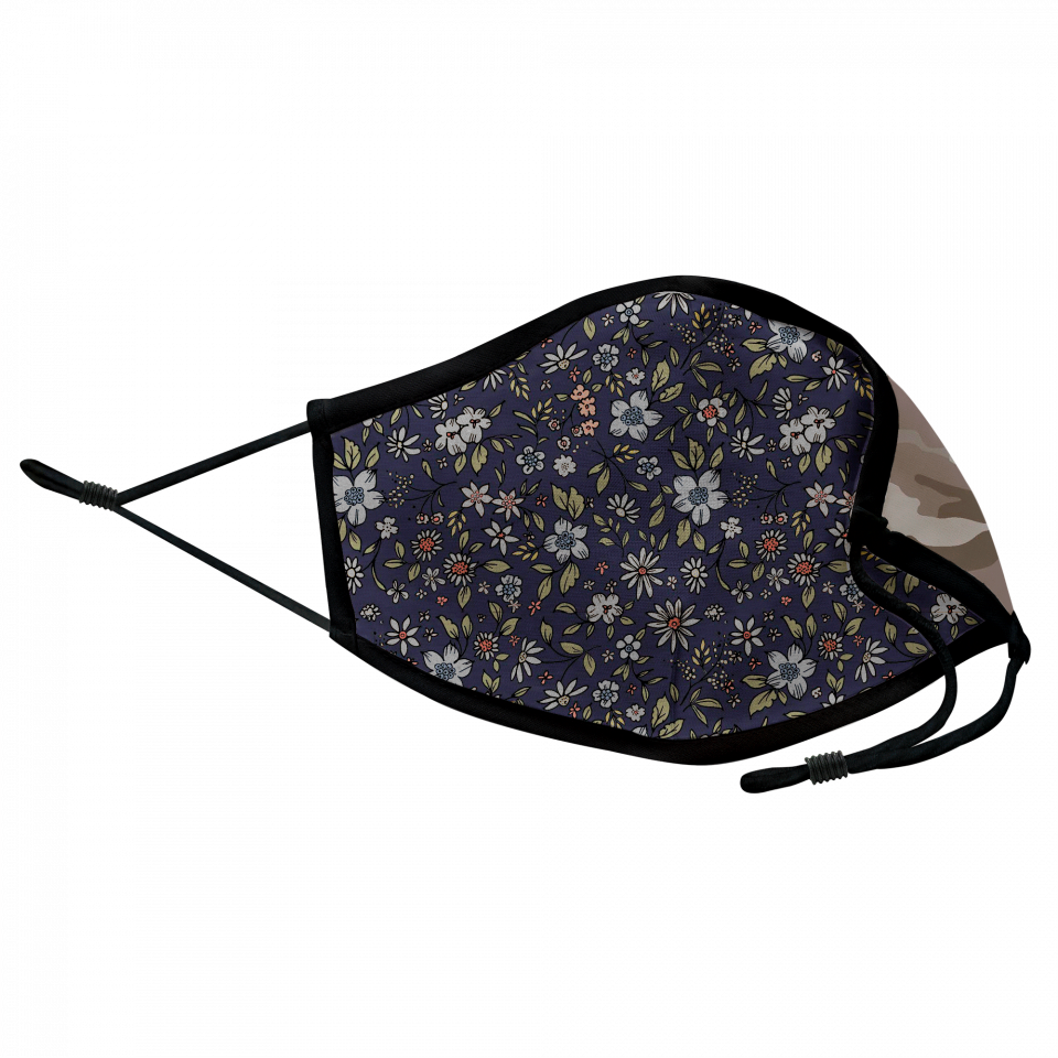 Mascarilla algodón orgánico reversible súper grande flores navy y camuflaje stone homologada con protección +90%