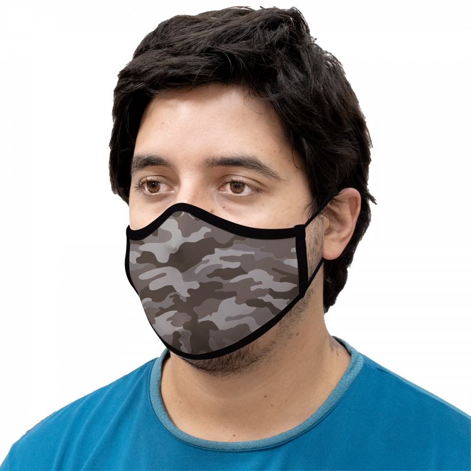 Mascarilla algodón orgánico reversible súper grande flores navy y camuflaje stone homologada con protección +90%