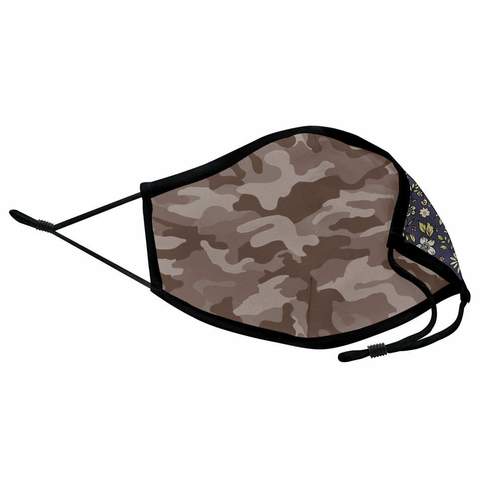 Mascarilla algodón orgánico reversible súper grande flores navy y camuflaje stone homologada con protección +90%