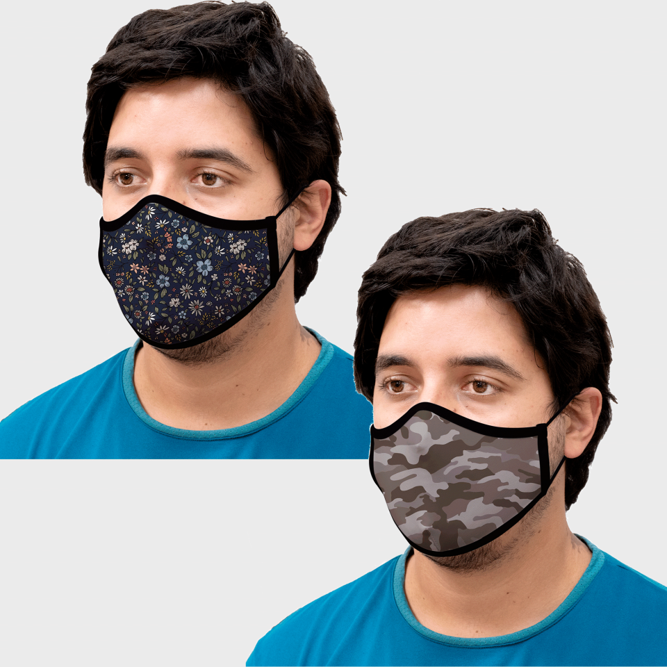 Mascarilla algodón orgánico reversible súper grande flores navy y camuflaje stone homologada con protección +90%
