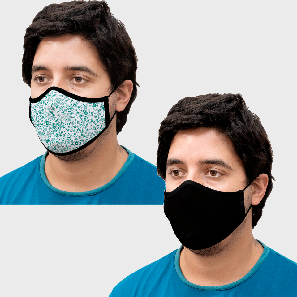 Mascarilla algodón orgánico reversible súper grande mini daisy green y negro homologada con protección +90%