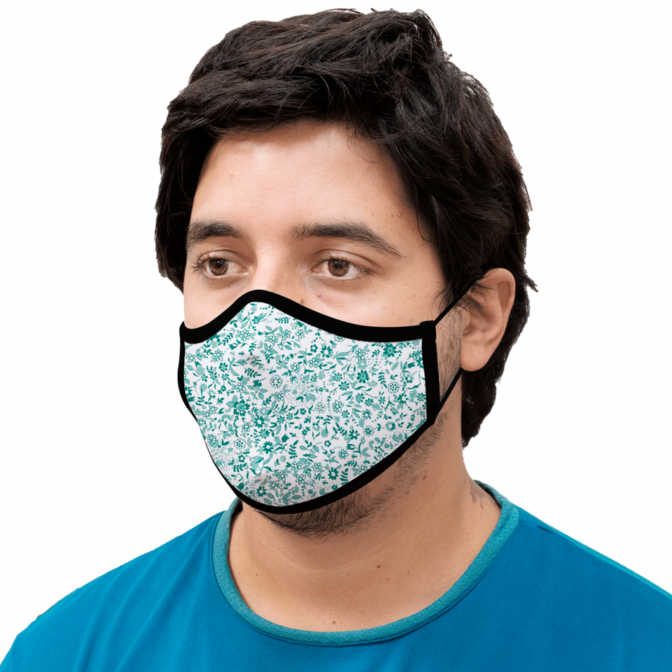 Mascarilla algodón orgánico reversible súper grande mini daisy green y negro homologada con protección +90%