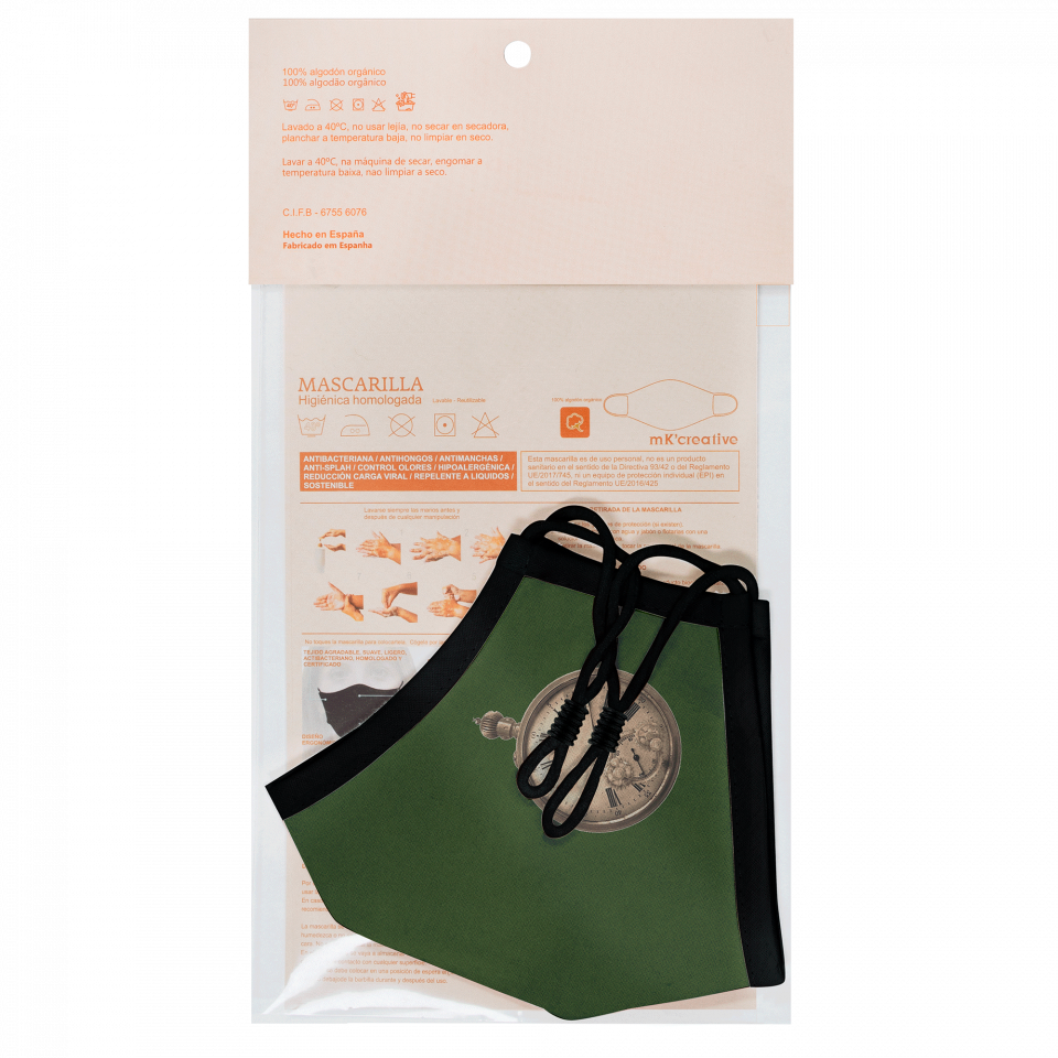 Mascarilla algodón orgánico reversible grande caqui y negra homologada con protección +90% personalizada