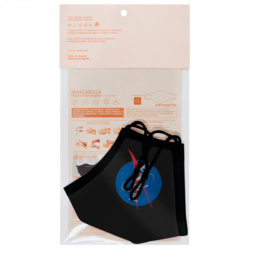 Mascarilla algodón orgánico reversible grande mahogany y negra homologada con protección +90% personalizada