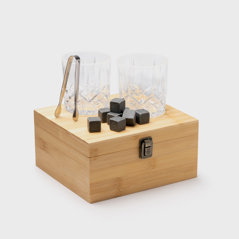 Vasos de whisky con caja de madera personalizada