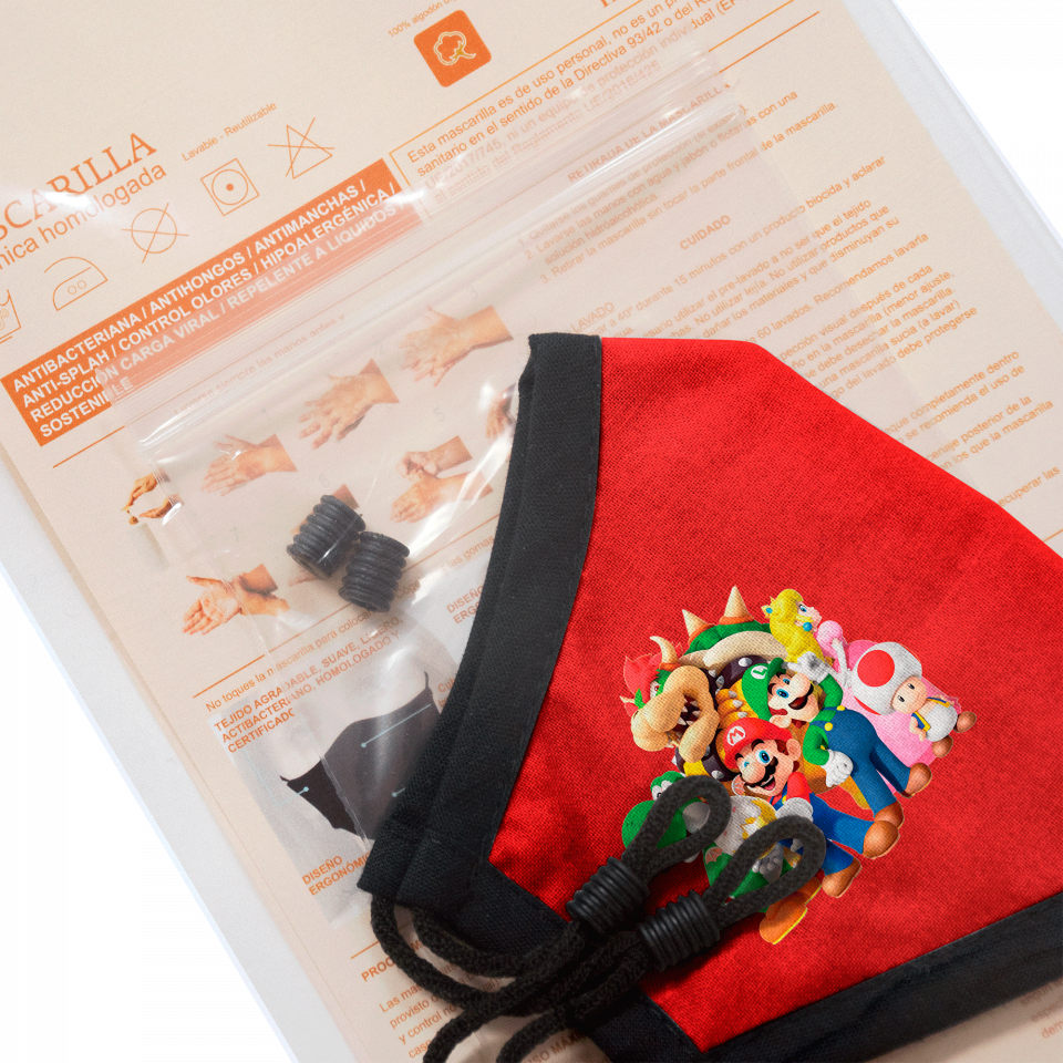 Mascarilla algodón orgánico reversible mediana rojo y negra homologada con protección +90% personalizada