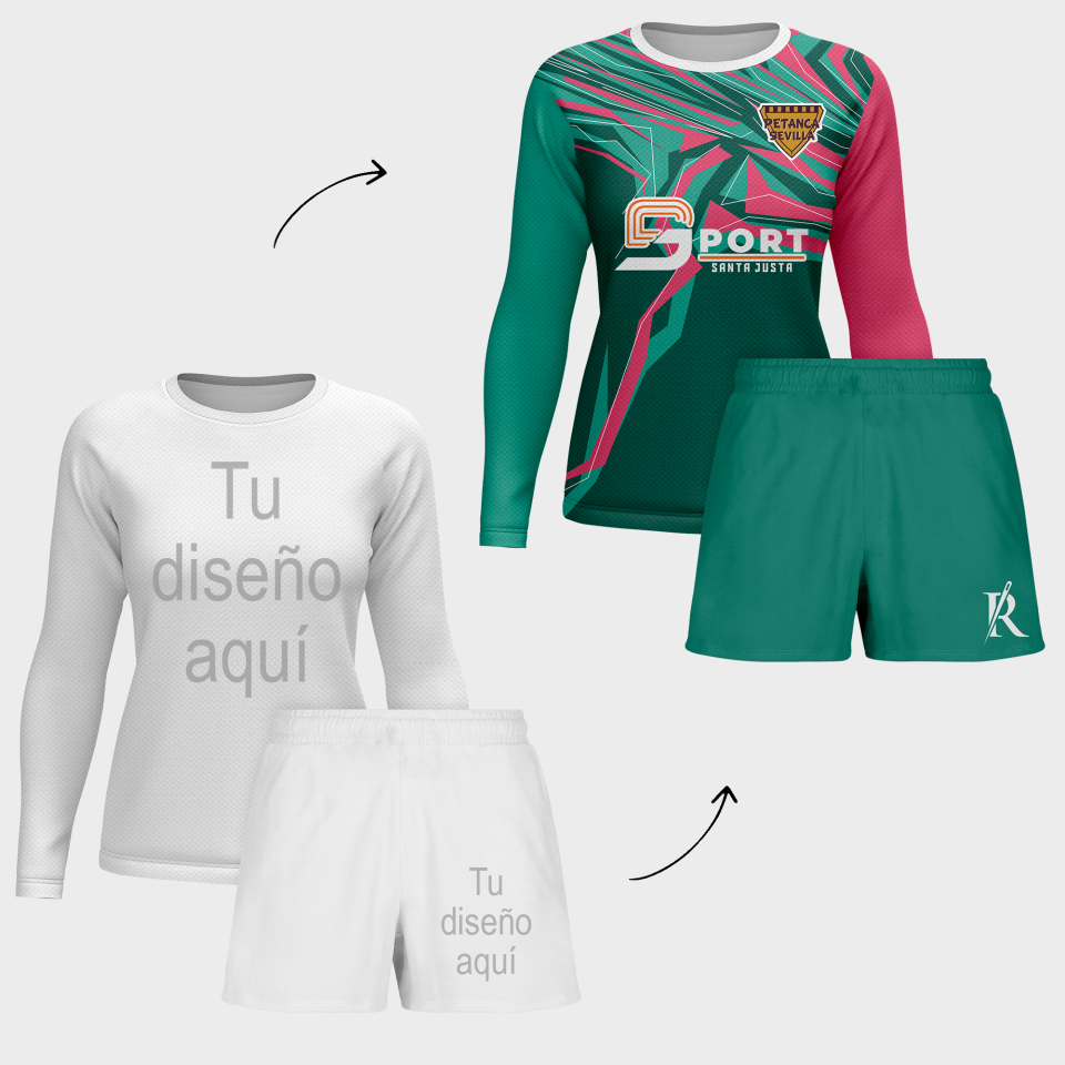 Conjunto petanca camiseta manga larga y pantalón corto de mujer 100% fullprint personalizado