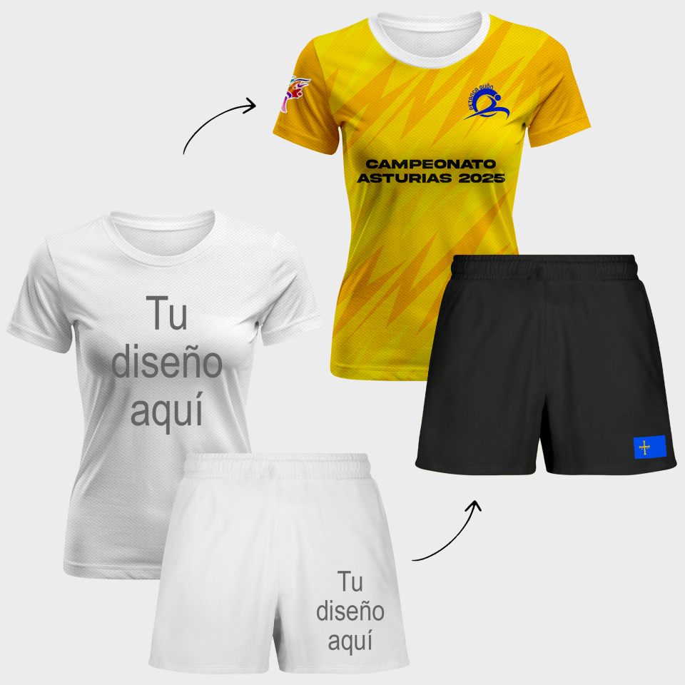 Conjunto petanca camiseta manga corta y pantalón corto de mujer 100% fullprint  personalizado