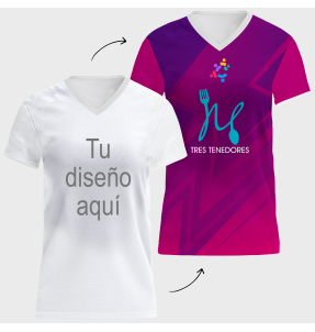 Camiseta para eventos cuello pico de mujer 100% fullprint personalizada