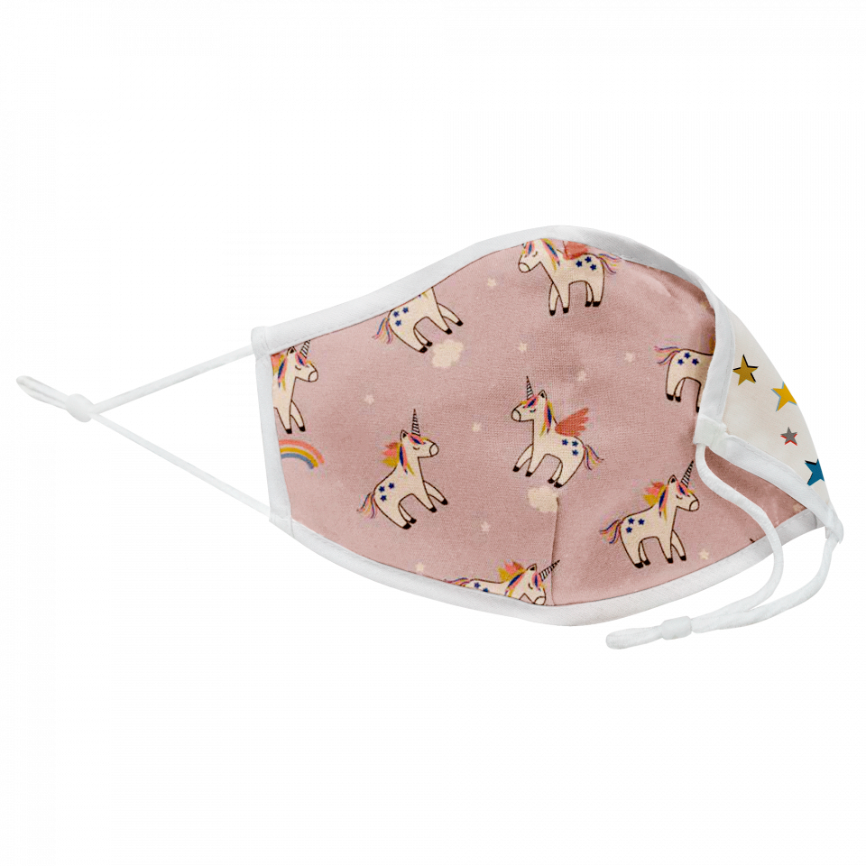 Mascarilla algodón orgánico reversible grande unicorn pink  y star homologada con protección +90%