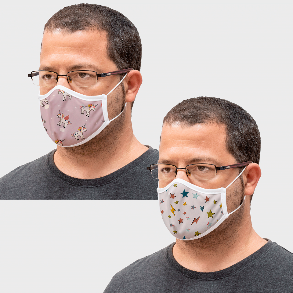 Mascarilla algodón orgánico reversible grande unicorn pink  y star homologada con protección +90%