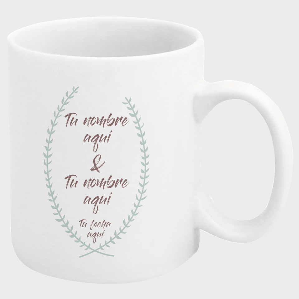 Taza boda corona hojas