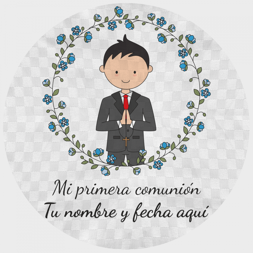 Mantel redondo individual tela grabada acabado brillante comunión chico