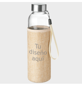 Botella de cristal con funda de yute personalizada