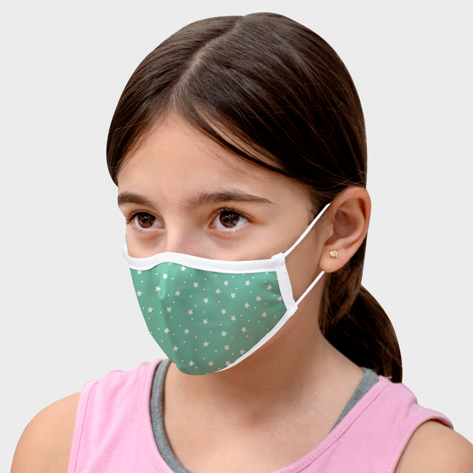 Mascarilla algodón orgánico reversible pequeña estrellas verde homologada con protección +90%