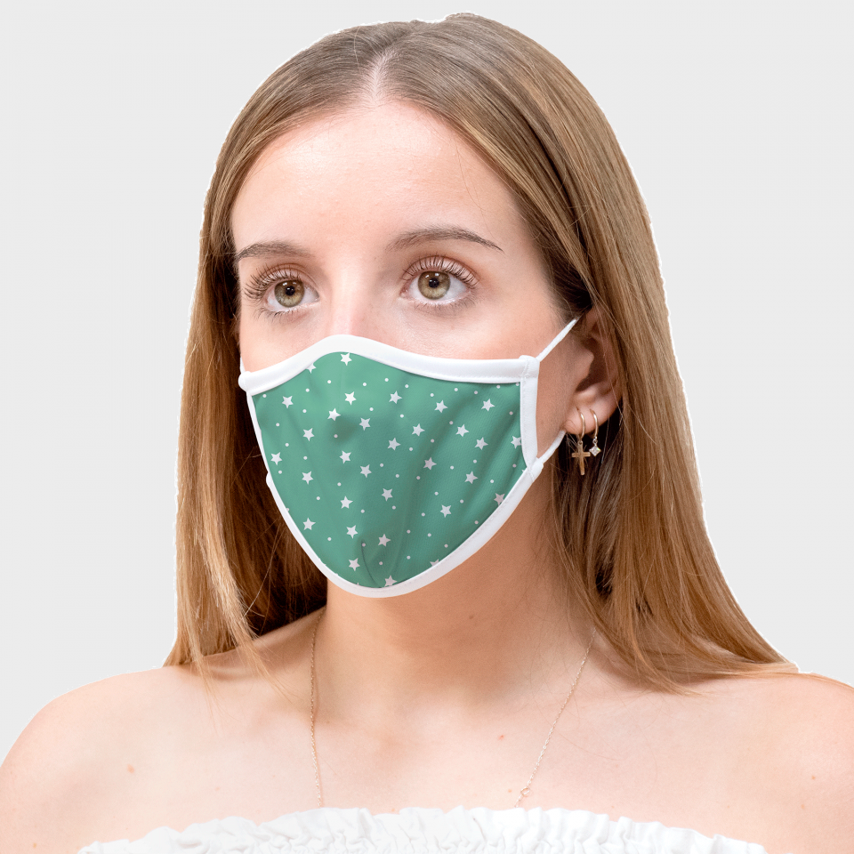 Mascarilla algodón orgánico reversible mediana estrellas verde homologada con protección +90%