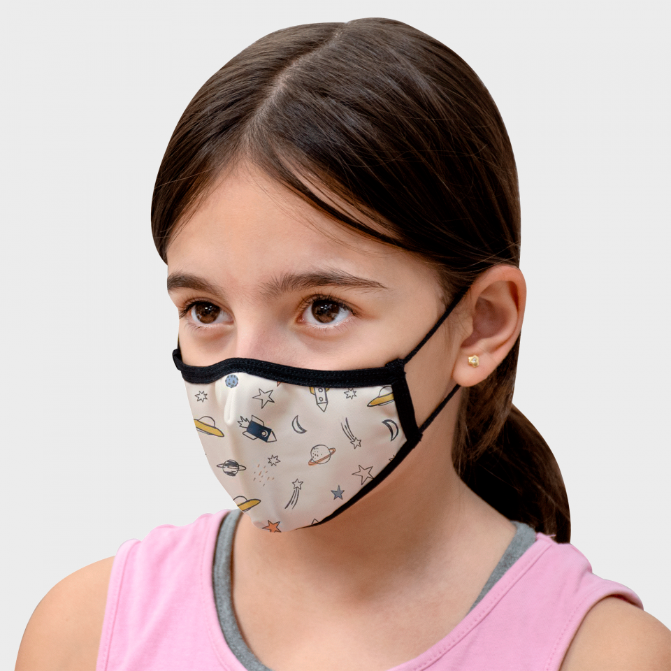 Mascarilla algodón orgánico reversible pequeña espacial beige homologada con protección +90%