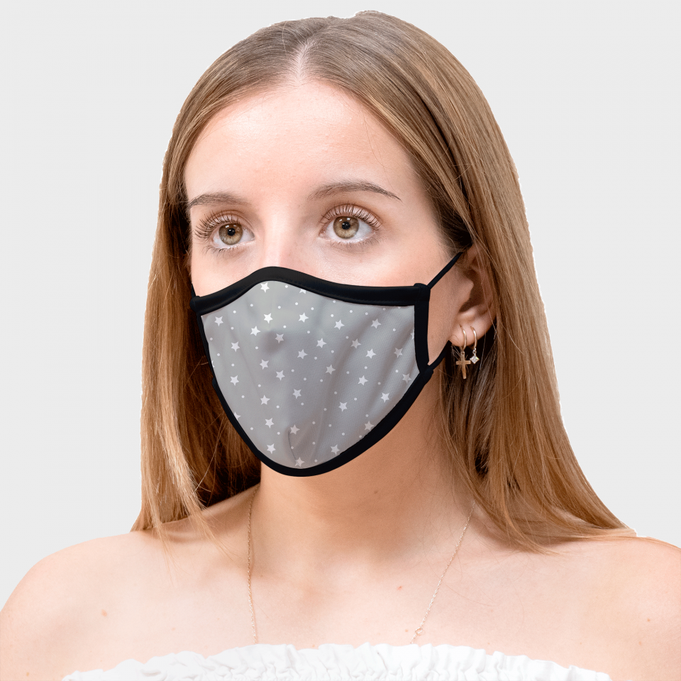 Mascarilla algodón orgánico reversible mediana estrellas gris homologada con protección +90%