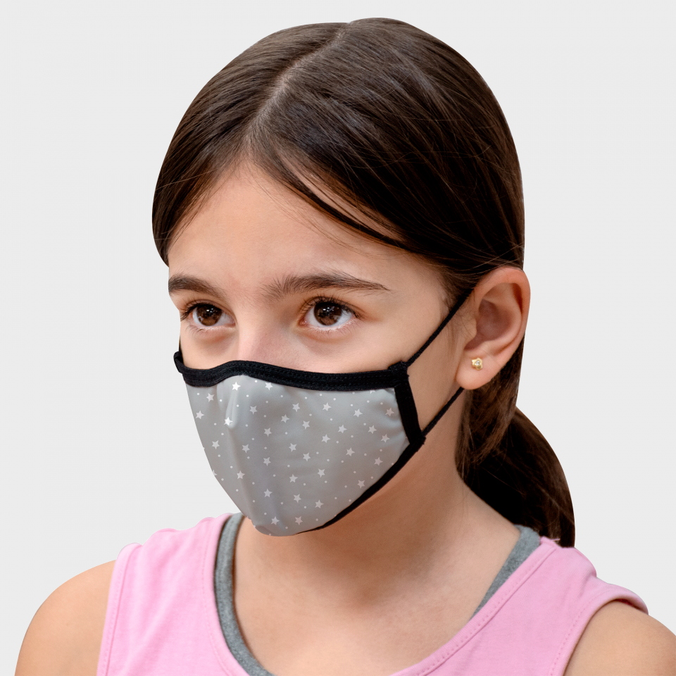 Mascarilla algodón orgánico reversible pequeña estrellas gris homologada con protección +90%