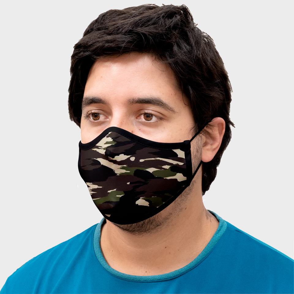 Mascarilla algodón orgánico reversible súper grande camuflaje kaki homologada con protección +90%