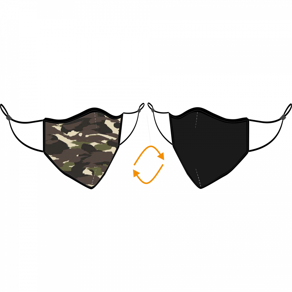 Mascarilla algodón orgánico reversible súper grande camuflaje kaki homologada con protección +90%