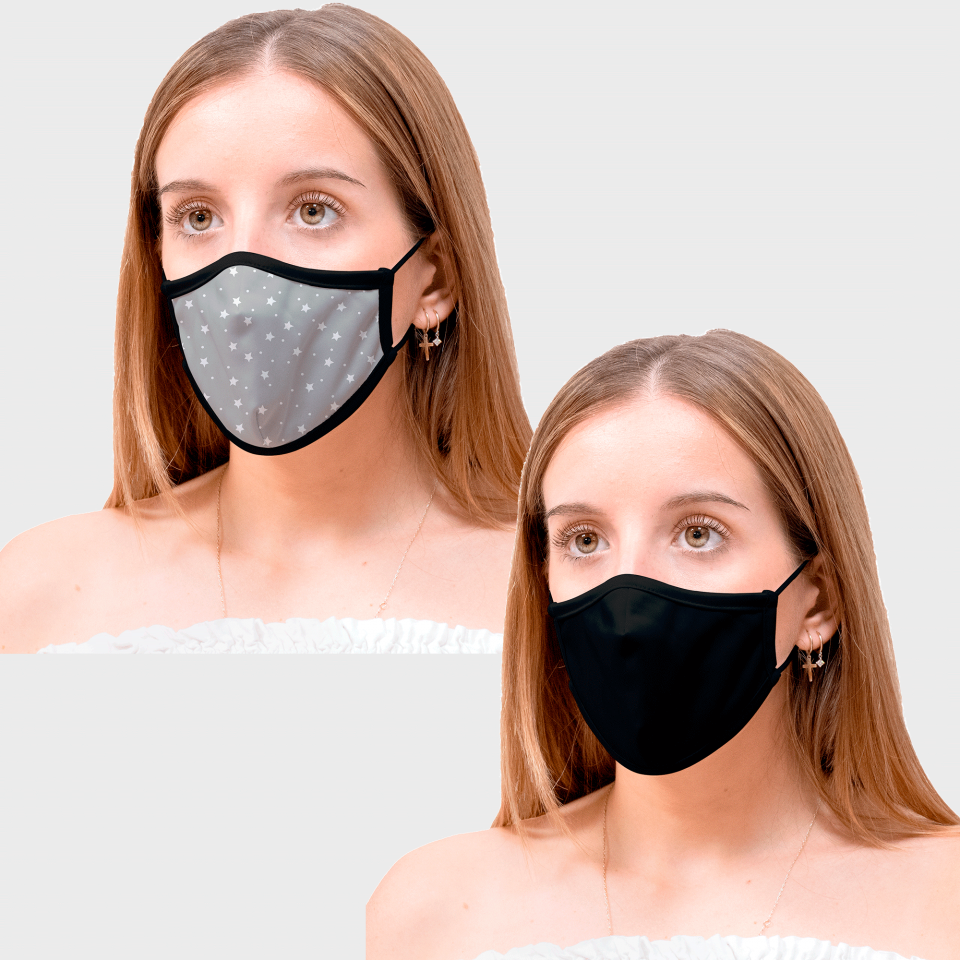 Mascarilla algodón orgánico reversible mediana estrellas gris homologada con protección +90%