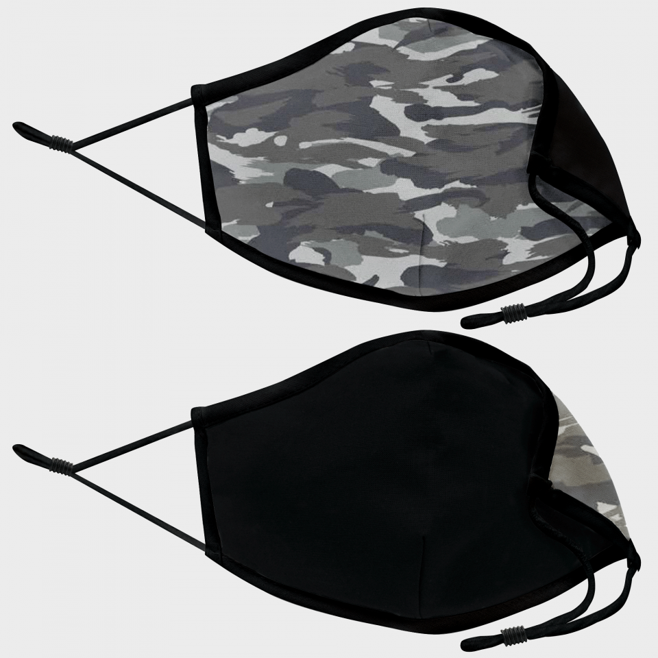 Mascarilla algodón orgánico reversible grande camuflaje gris homologada con protección +90%