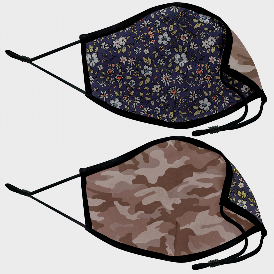 Mascarilla algodón orgánico reversible grande flores navy homologada con protección +90%