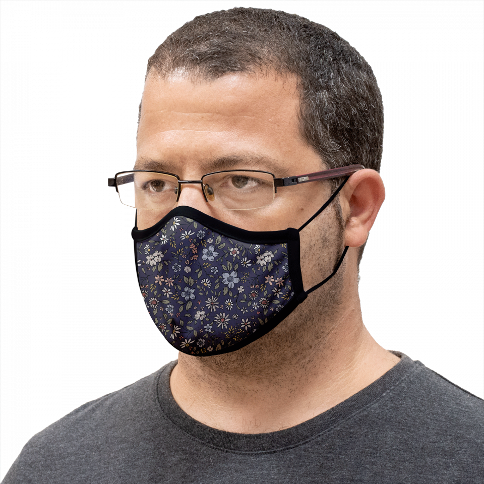 Mascarilla algodón orgánico reversible grande flores navy homologada con protección +90%