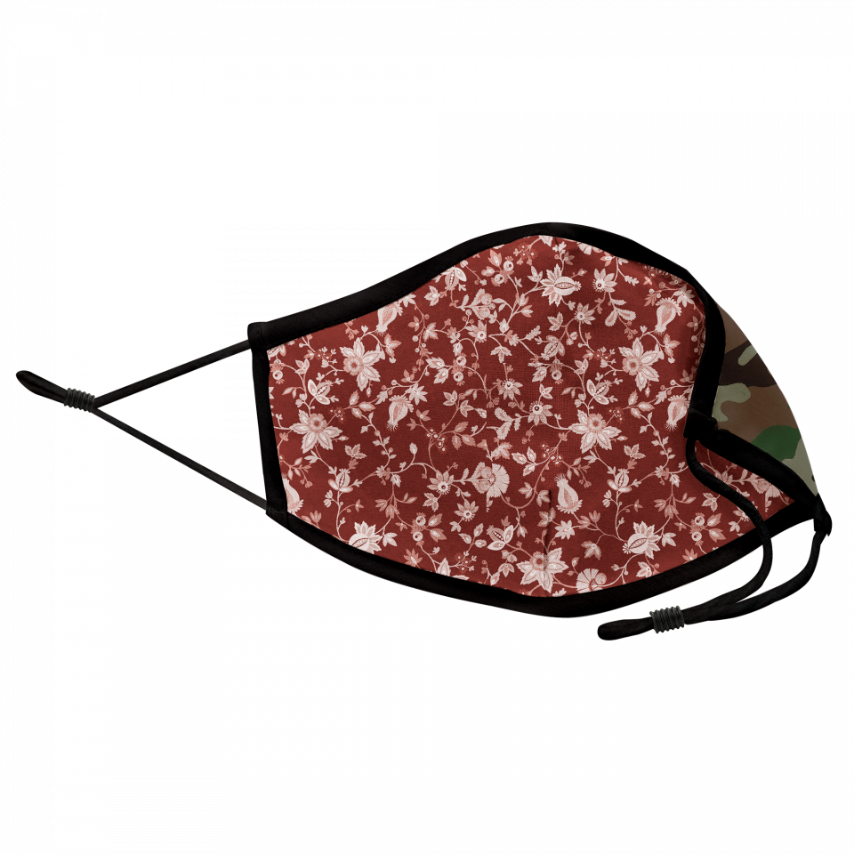 Mascarilla algodón orgánico reversible mediana flores granate homologada con protección +90%