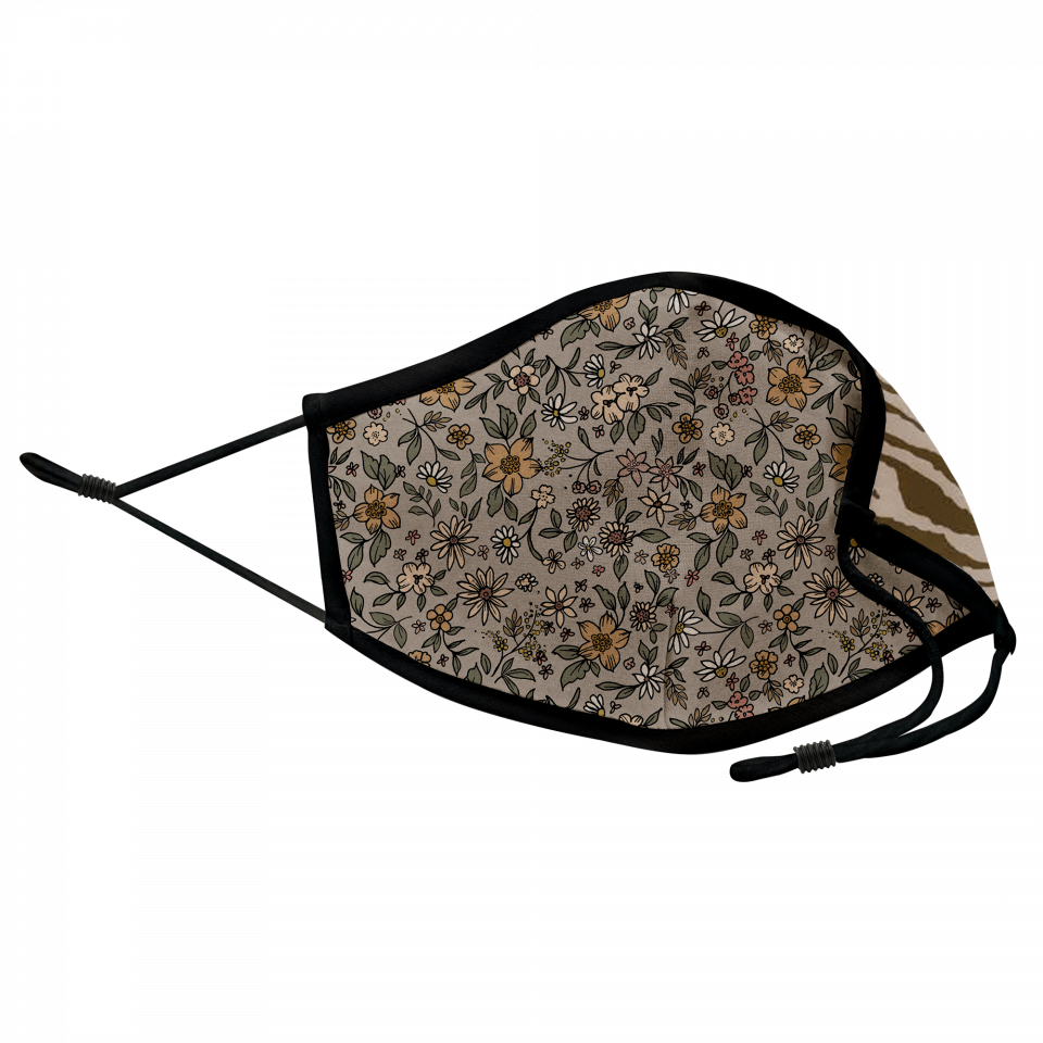 Mascarilla algodón orgánico reversible grande flores gris homologada con protección +90%
