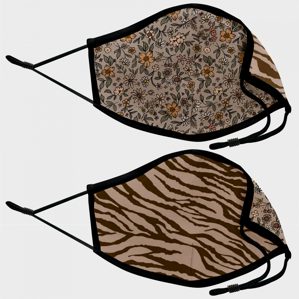 Mascarilla algodón orgánico reversible grande flores gris homologada con protección +90%