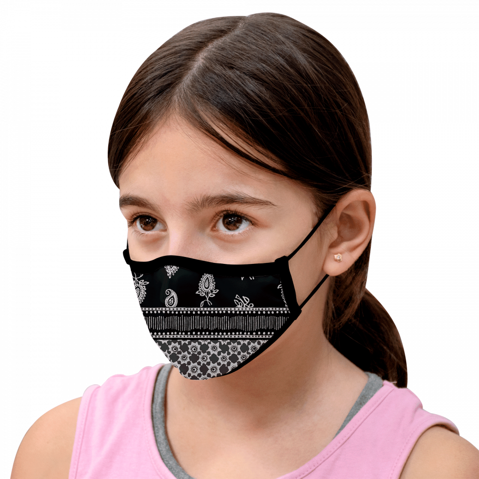 Mascarilla algodón orgánico reversible pequeña bandana black y flower black homologada con protección +90%