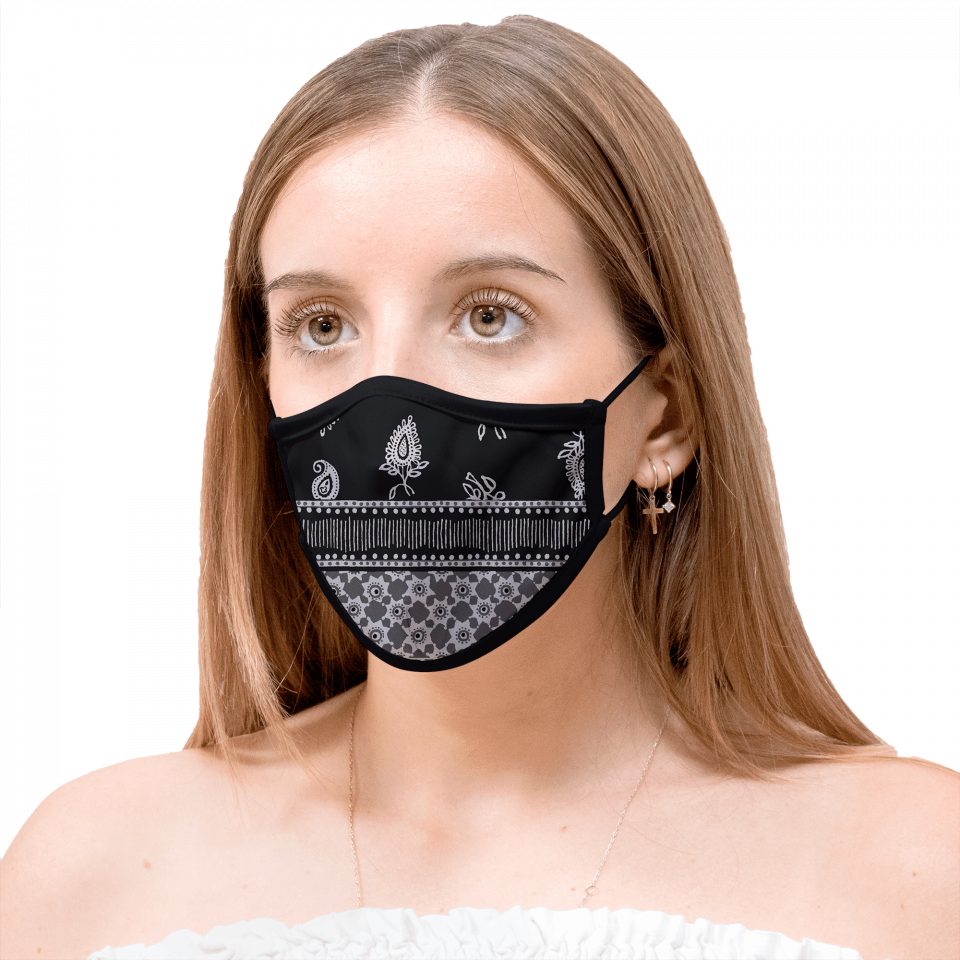 Mascarilla algodón orgánico reversible mediana bandana black y flower black homologada con protección +90%